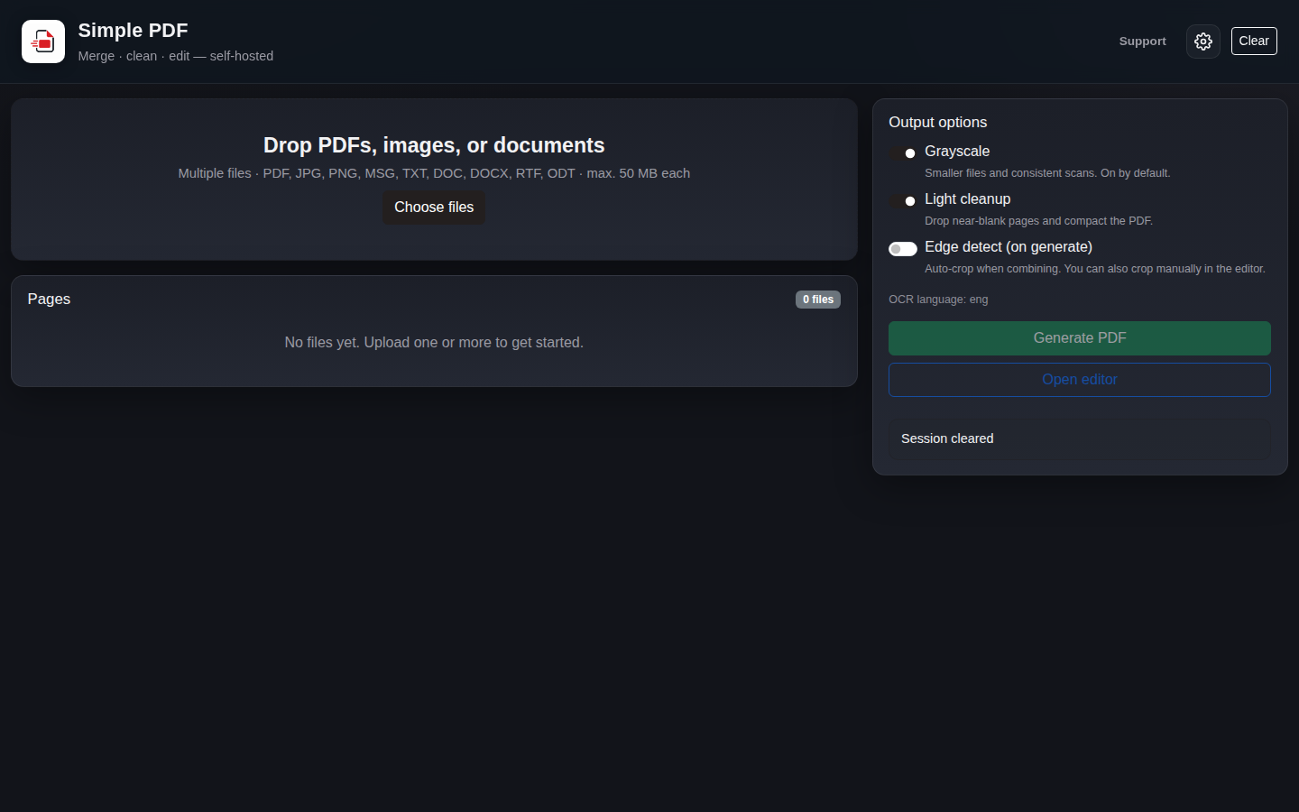 Dashboard upload area and output options