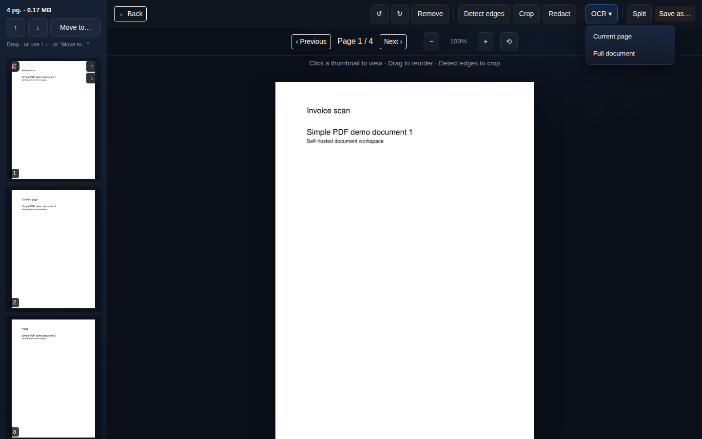 OCR menu in the editor